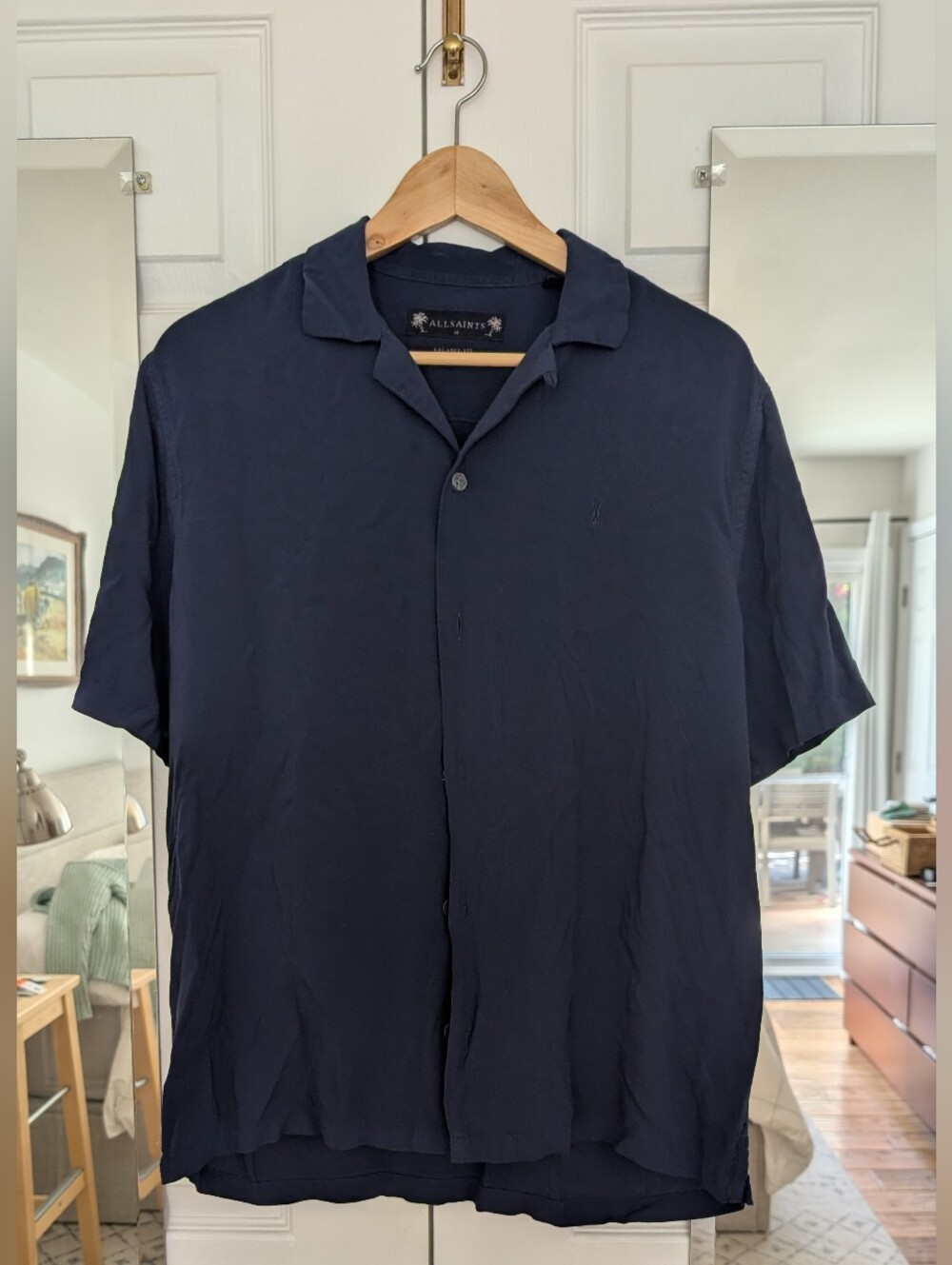 All Saints Men's Navy Button Down Short-Sleeve Shirt